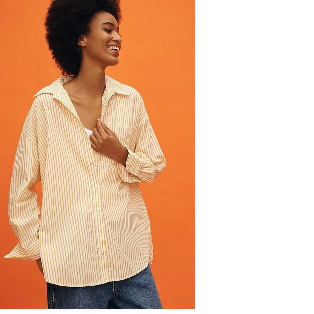 Anthropologie Yellow and White Striped Button-Up Blouse